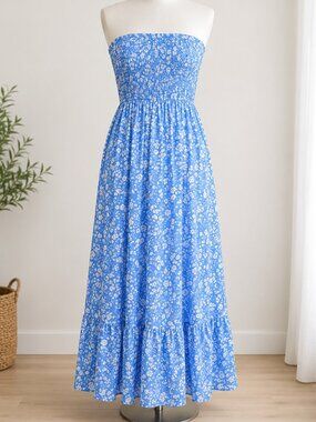 Blue Floral Strapless Smocked Summer Beach Maxi Dress